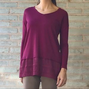 Cloud Chaser Top Burgundy Maroon Chiffon Lace Tunic Long Sleeve Tee